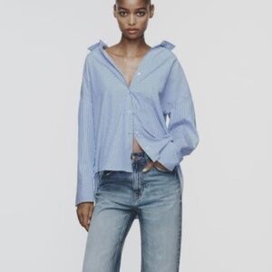 Zara Oversized Long Sleeve Stripped Button Up Blouse White/ Blue Size XS